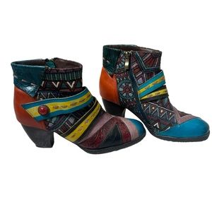 Socofy Womens Boots 7.5 38 Boho Leather Patchwork Bohemian Artsy Colorful Ankle